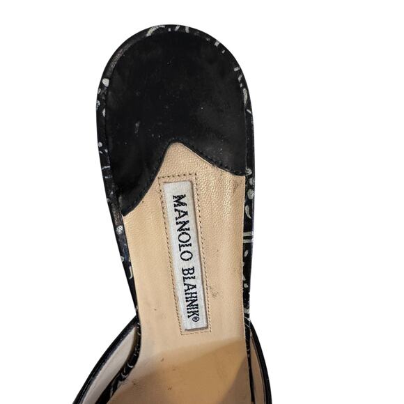 Vintage Manolo Blahnik Black & White Floral Open Toe Mule Heels Size 37 - Picture 13 of 14